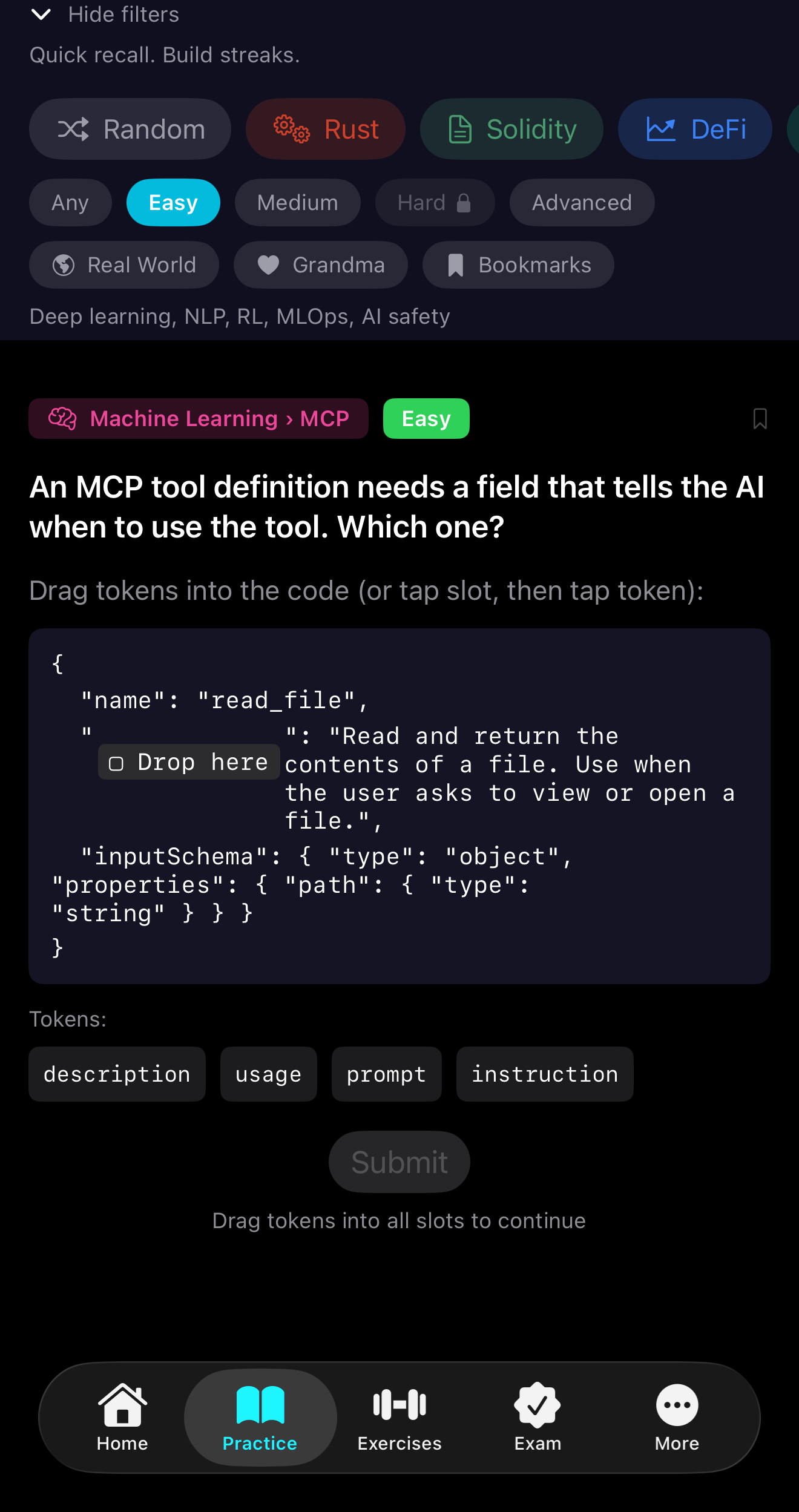 Practice mode drag-to-order question