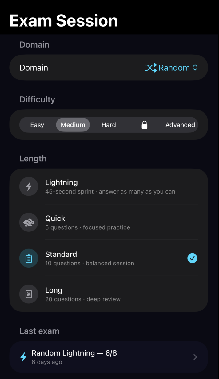 Exam setup screen with domain and difficulty options