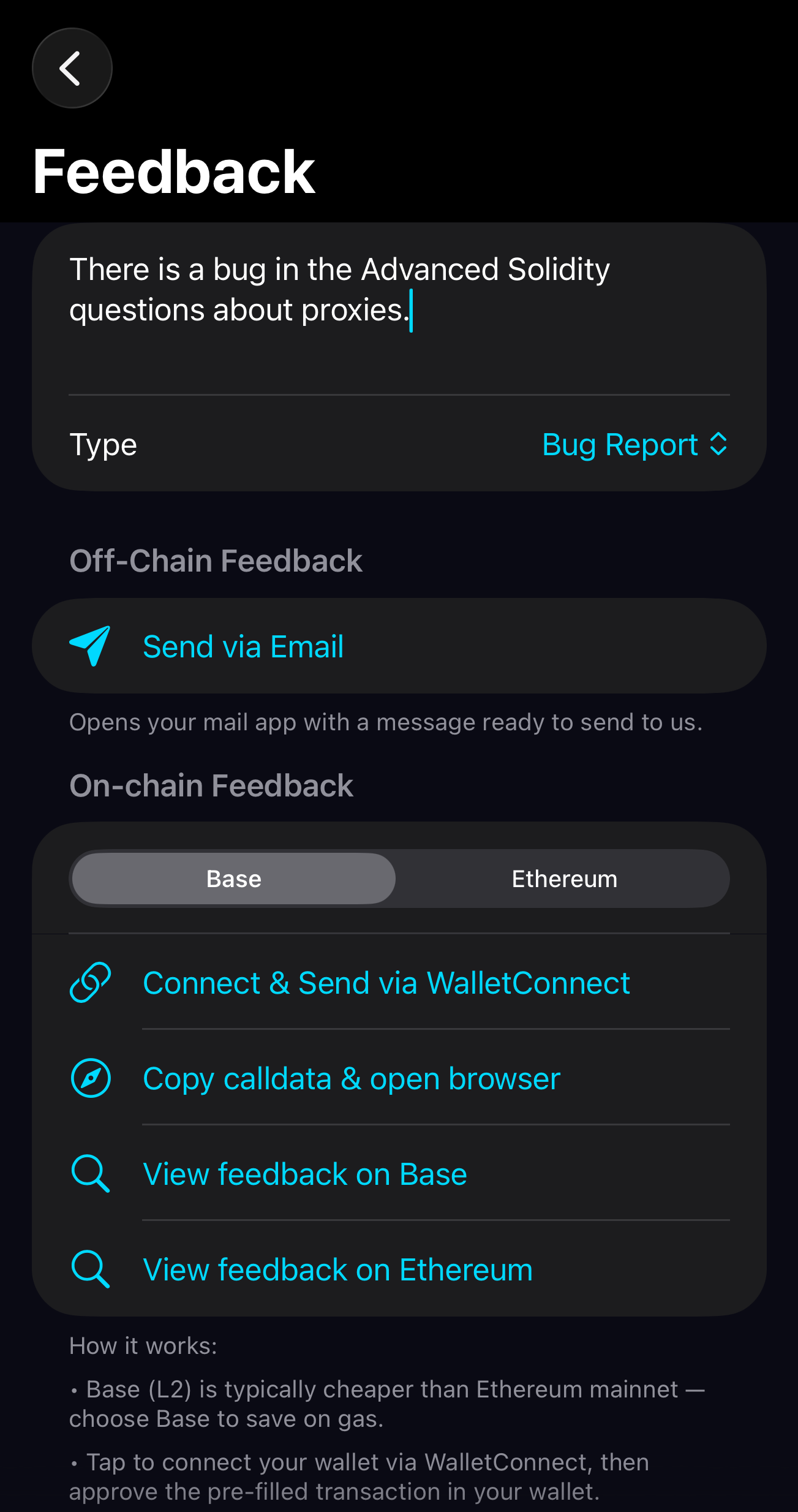 Feedback screen in the app