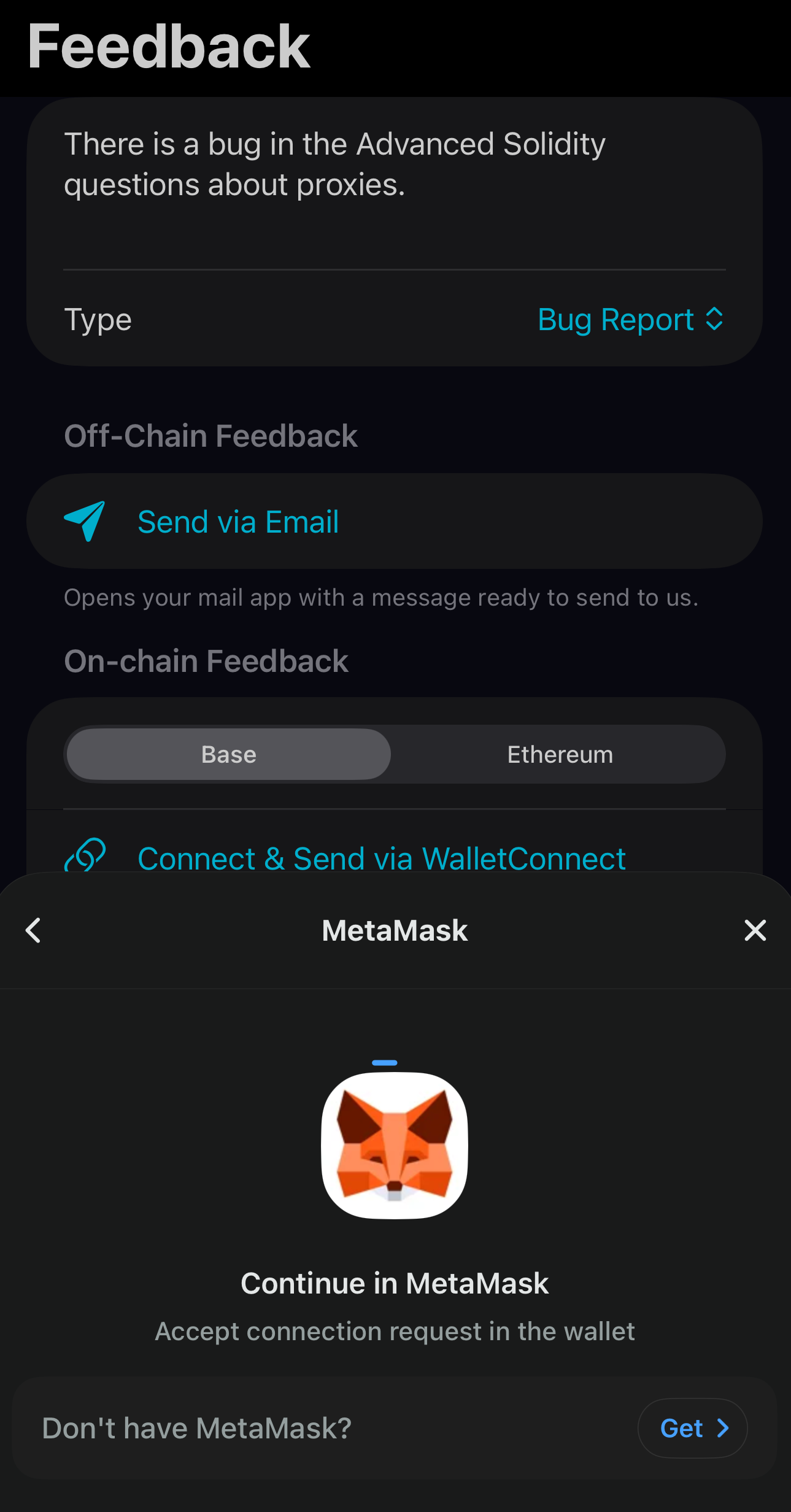 Feedback flow with WalletConnect