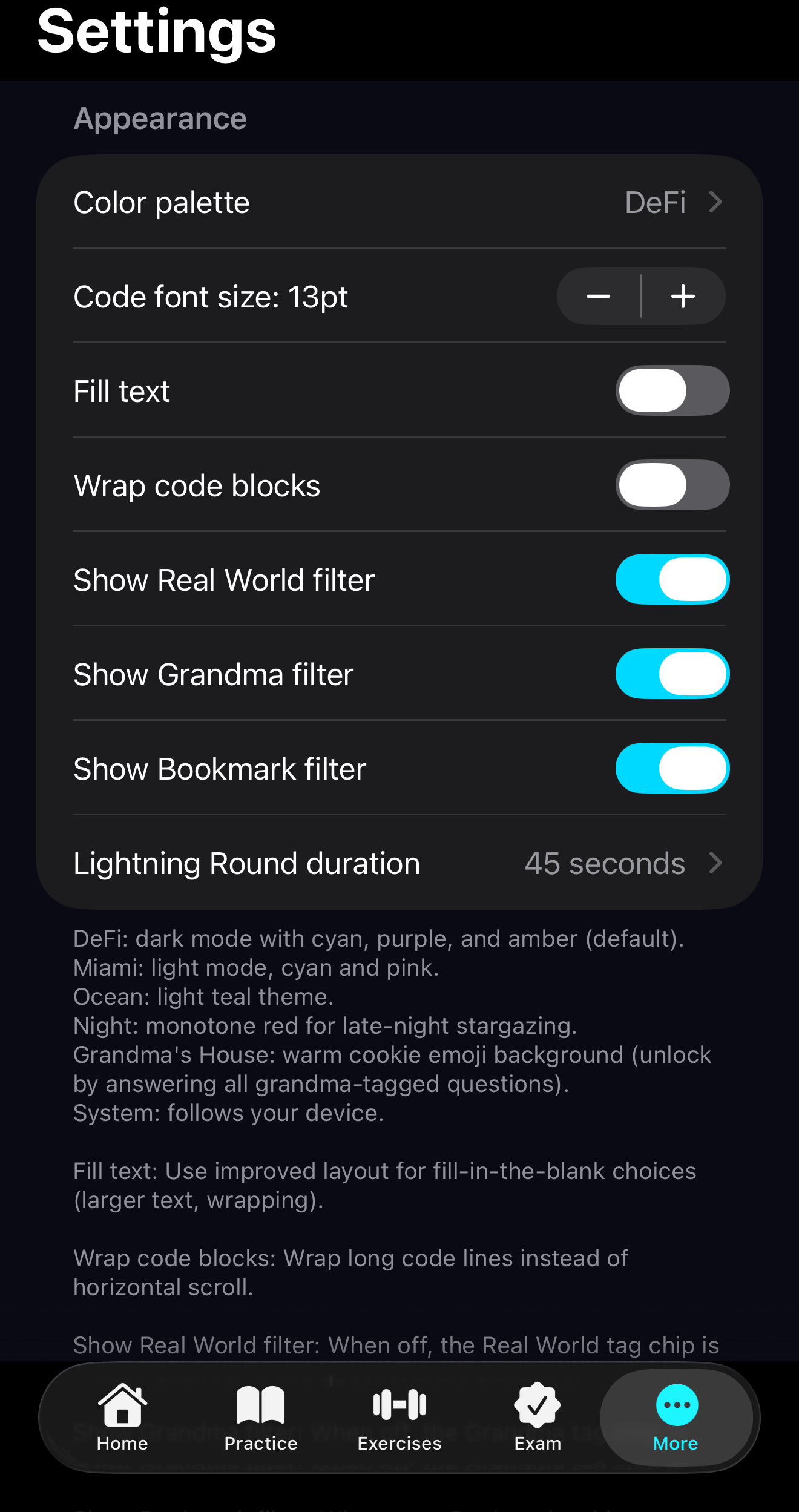 Settings with filter toggles (Real World, Grandma, Bookmark)