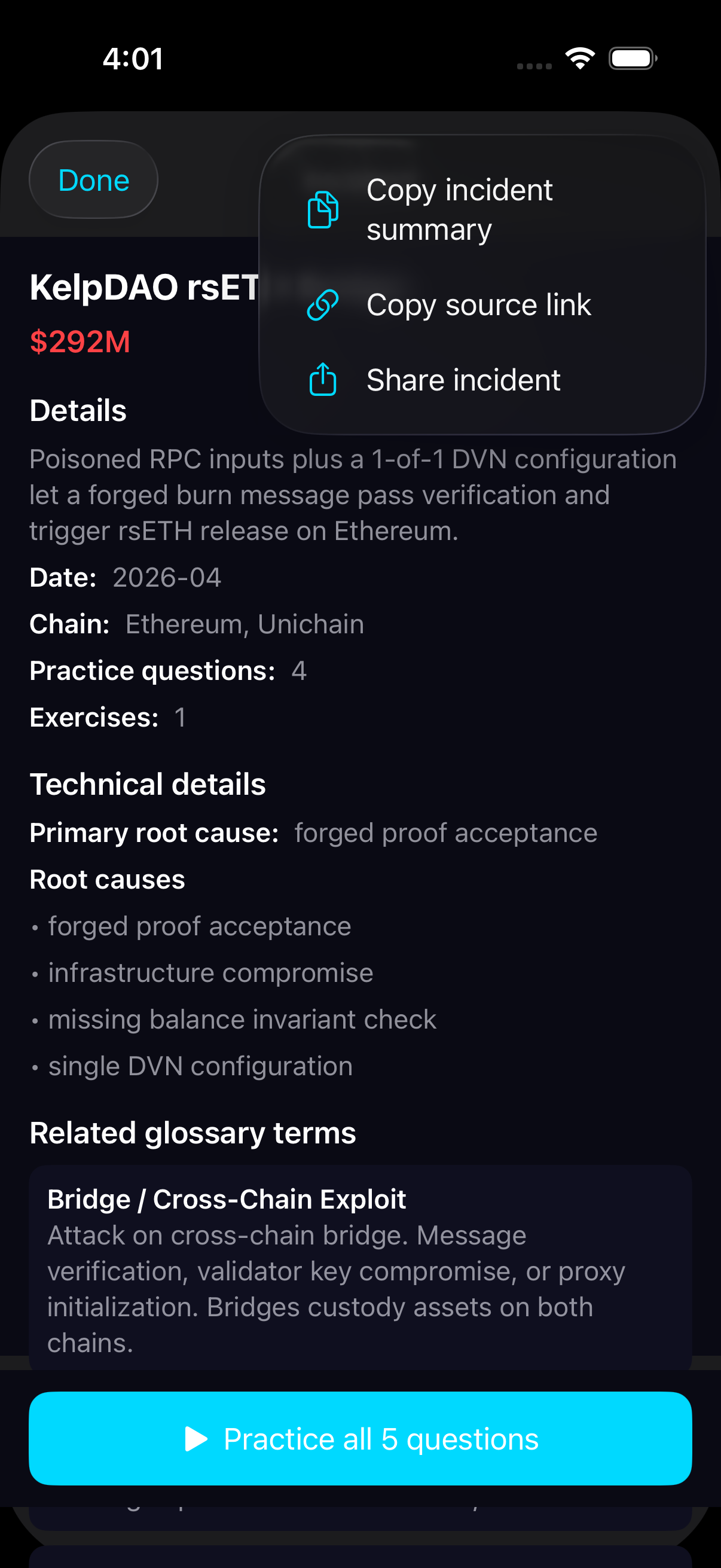 Exploit detail screen showing the copy action for sharing an incident summary