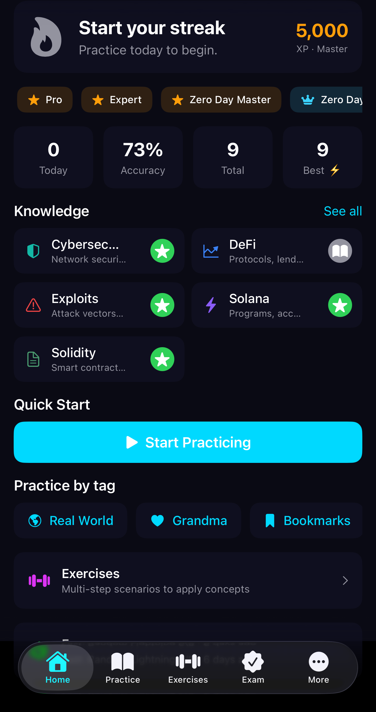 ZeroDay Dev home screen showing XP, streak, and Practice/Exam options