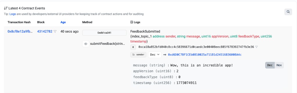 FeedbackSubmitted event on block explorer showing decoded message, sender, appVersion, feedbackType, and timestamp